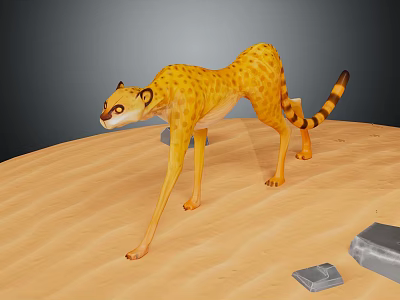 Spotted Cheetah Character Walking Through Desert Landscape With Sandy Dunes And Small Rocks 3d model