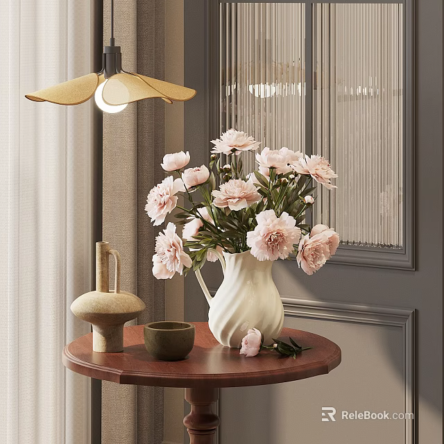 White Vase With Pink Peonies On Wooden Table In Modern Interior Decor 3d model 