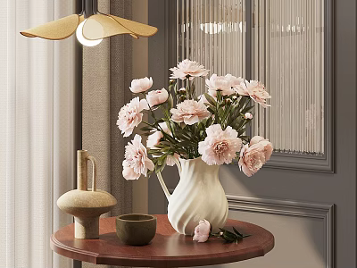 White Vase With Pink Peonies On Wooden Table In Modern Interior Decor 3d model