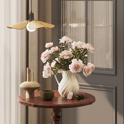 White Vase With Pink Peonies On Wooden Table In Modern Interior Decor 3d model