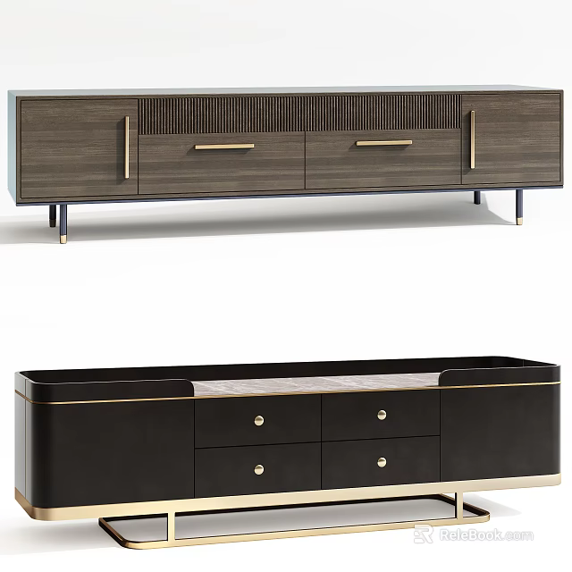 Modern TV Stand With Wooden Finish Gold Accents Drawers And Metal Legs 3d model 