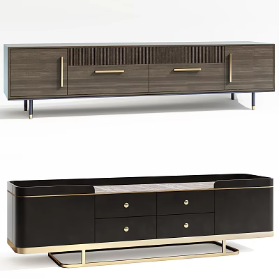 Modern TV Stand With Wooden Finish Gold Accents Drawers And Metal Legs 3d model