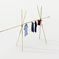 Two Bamboo Clothes Drying Racks With Hanging Blue Dark Red Garments 3d model