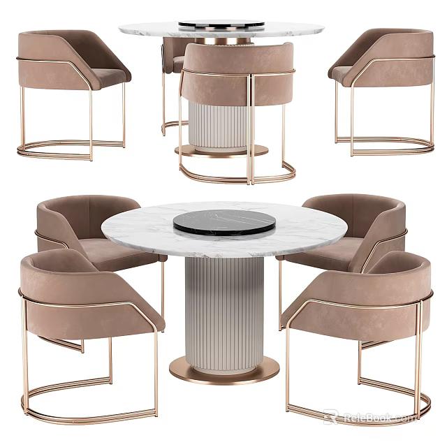 Round Marble Dining Table With Black Center And Beige Upholstered Chairs Gold Metal Frames 3d model 