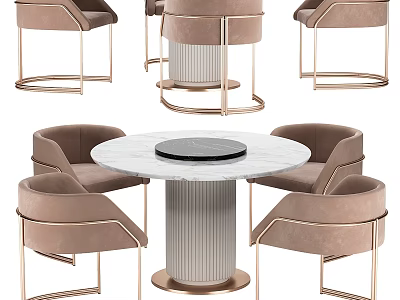 Round Marble Dining Table With Black Center And Beige Upholstered Chairs Gold Metal Frames 3d model