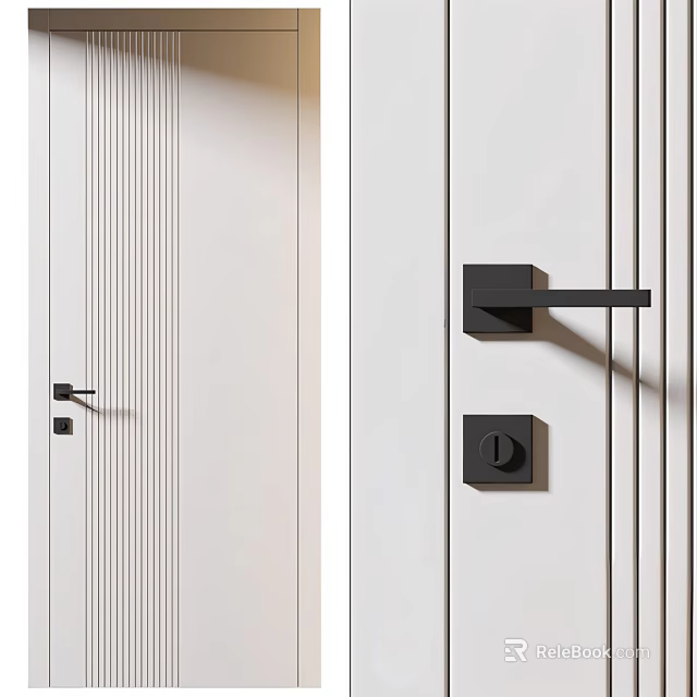 Modern Swing Door With Vertical Stripes Design In Beige And White Color And Black Handle 3d model 