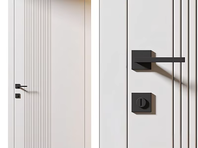 Modern Swing Door With Vertical Stripes Design In Beige And White Color And Black Handle 3d model