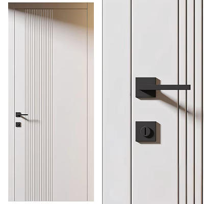 Modern Swing Door With Vertical Stripes Design In Beige And White Color And Black Handle 3d model