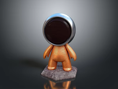 3D Statue Figure With Circular Black Head Silver Frame Orange Textured Body Gray Stone Base 3d model