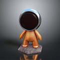3D Statue Figure With Circular Black Head Silver Frame Orange Textured Body Gray Stone Base