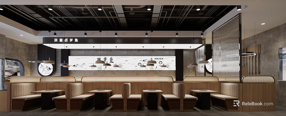 Modern Restaurant Interior With Wooden Bench Seats Hanging Pendant Lights And Wall Murals 3d model 