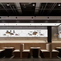 Modern Restaurant Interior With Wooden Bench Seats Hanging Pendant Lights And Wall Murals