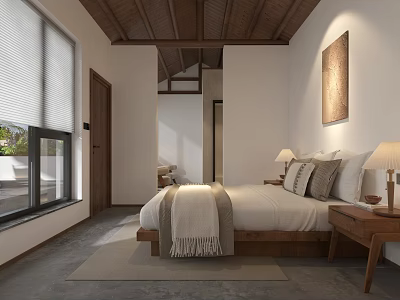 Cozy Hotel Room With Wooden Ceiling King Bed Table Lamps And Decorative Painting 3d model