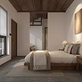 Cozy Hotel Room With Wooden Ceiling King Bed Table Lamps And Decorative Painting