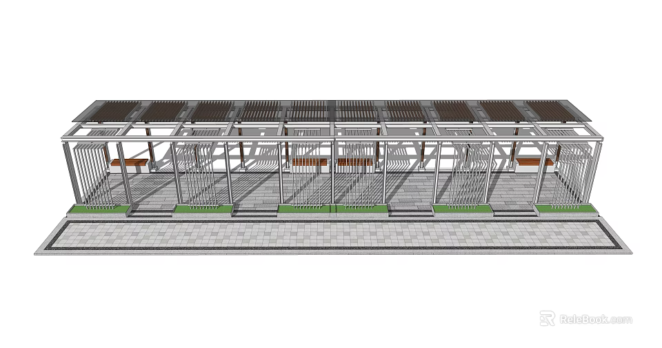 Modern Outdoor Pergola Structure With Metal Frame Grilled Roof And Wooden Seats 3d model 
