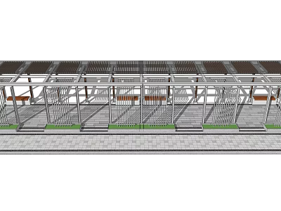 Modern Outdoor Pergola Structure With Metal Frame Grilled Roof And Wooden Seats 3d model