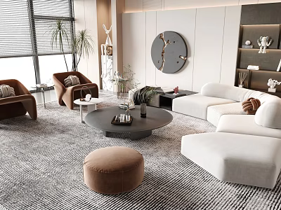 Modern White Sofa Round Coffee Table Set with Brown Accent Chairs Ottoman and Striped Rug 3d model