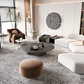 Modern White Sofa Round Coffee Table Set with Brown Accent Chairs Ottoman and Striped Rug