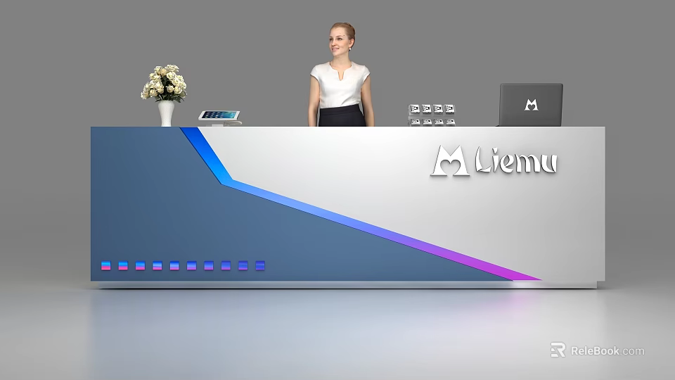 Modern Reception Desk With Gradient Design Flower Vase Tablet Receptionist And Menu Logo 3d model 