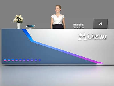 Modern Reception Desk With Gradient Design Flower Vase Tablet Receptionist And Menu Logo 3d model