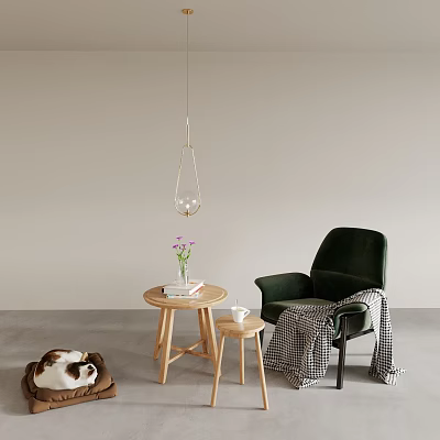 Cozy Tea Table And Chair With Velvet Green Seat Wooden Top And Plaid Blanket 3d model