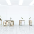 Minimalist Dining Table Set With Wooden Chairs Side Tables And Vases In White Room