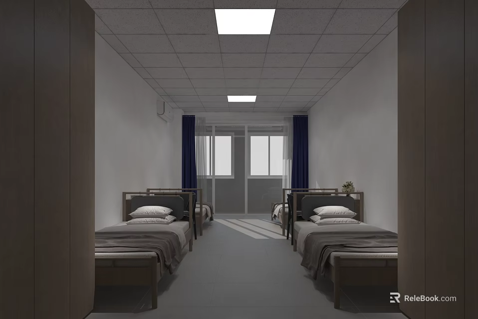 School Dormitory Room with Multiple Beds Blue Curtains and Windows 3d model