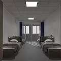School Dormitory Room with Multiple Beds Blue Curtains and Windows 3d model