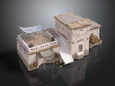 Traditional Stone Building Model With Wooden Roof Balcony Staircase And Clay Pots 3d model