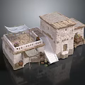 Traditional Stone Building Model With Wooden Roof Balcony Staircase And Clay Pots