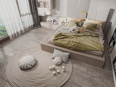 Beige Children's Bed With Green Quilt Stuffed Toys Round Rug Near Window Soft Lighting 3d model