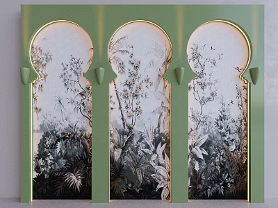 Green And Golden Framed Three Arched TV Background Wall With Plant Pattern Mural 3d model