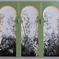 Green And Golden Framed Three Arched TV Background Wall With Plant Pattern Mural