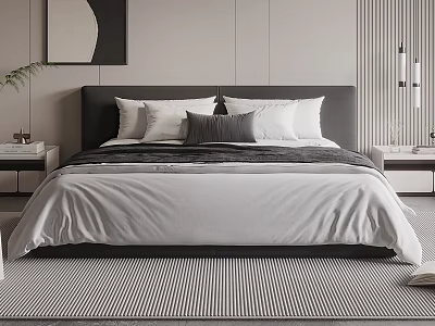 Modern Bedroom Interior With Double Bed Black Headboard White Gray Bedding And Striped Rug 3d model
