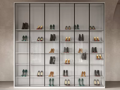 Organized Modern Shoe Cabinet With Multiple Shelves And Various Shoes Storage 3d model