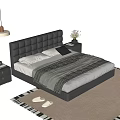 Modern Double Bed With Black Tufted Leather Headboard And Nightstands Flower Vase Pendant Light