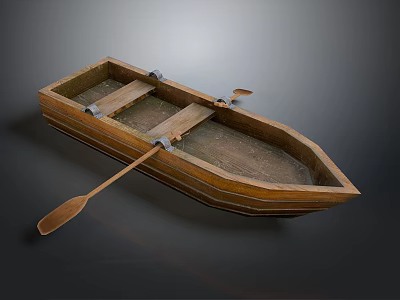 Handcrafted Wooden Boat with Traditional Planks and Wooden Oars Isolated on Dark Background 3d model