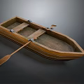 Handcrafted Wooden Boat with Traditional Planks and Wooden Oars Isolated on Dark Background