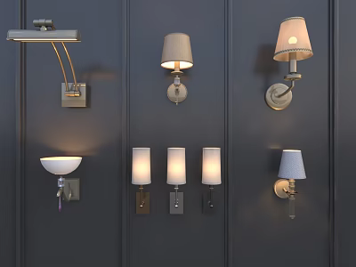Various Stylish Wall Lamps With Different Designs Mounted On Dark Wall 3d model