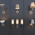 Various Stylish Wall Lamps With Different Designs Mounted On Dark Wall