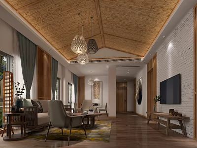 Cozy Living Room Interior With Bamboo Ceiling Pendant Lights Wooden Floor And Sofa 3d model