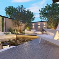 Outdoor Modern Dining Table With White Lounge Chairs Wooden Deck And Poolside Lighting