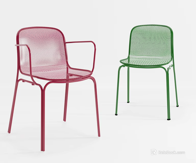Modern Metal Mesh Dining Chairs With Red and Green Design and Armrests 3d model 