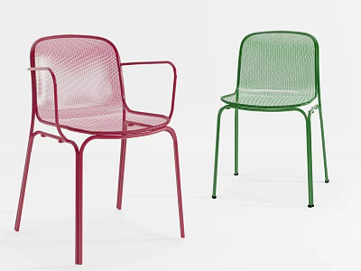 Modern Metal Mesh Dining Chairs With Red and Green Design and Armrests 3d model