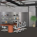 Modern Conference Room Interior Design With Orange Table White Chairs And Black Wall Shelves