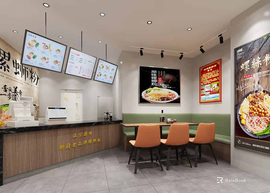 Modern Restaurant Interior With Menu Boards Counter Orange Chairs And Posters 3d model 