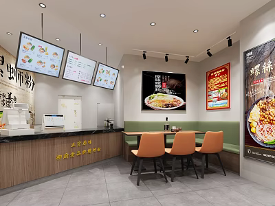 Modern Restaurant Interior With Menu Boards Counter Orange Chairs And Posters 3d model