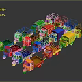 Neatly Arranged Colorful Tricycle and Small Truck Models on Black Background