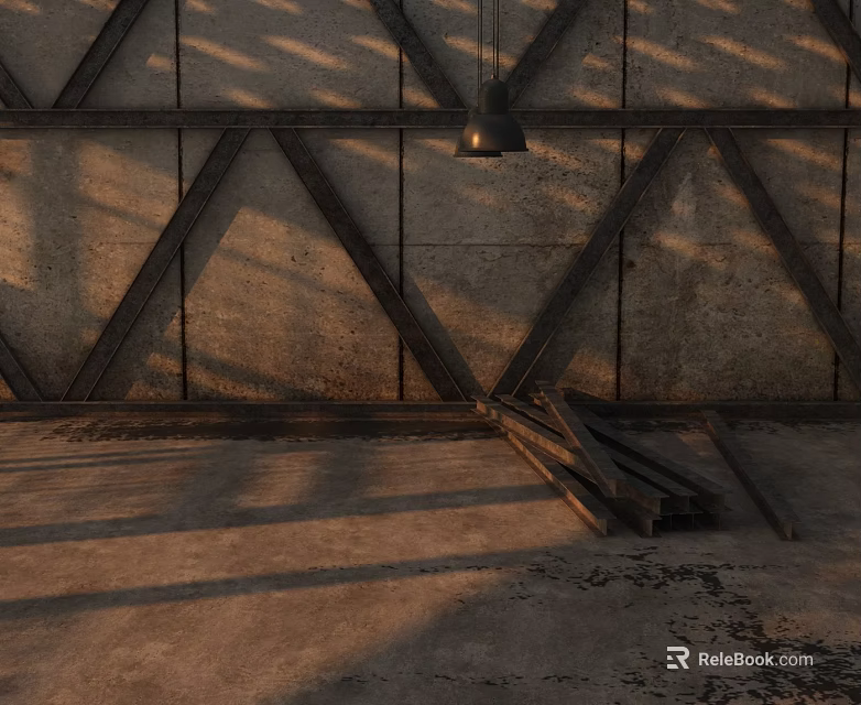 Wooden Beams And Concrete Wall With Metal Pendant Light And Floor Planks 3d model 