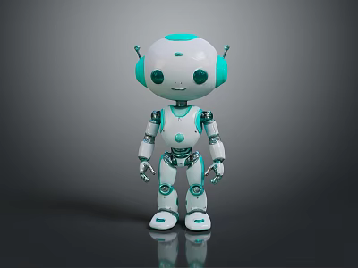 3D Model Cute White Teal Robot Game Movie Character With Shiny Surface And Reflective Floor 3d model